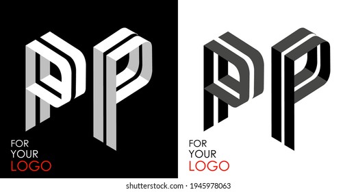 Isometric letter P in two perspectives. From stripes, lines. Template for creating logos, emblems, monograms. Black and white options. 3D art symbol. Vector illustration. Other letters in my portfolio