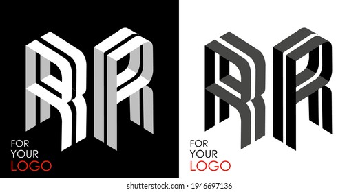 Isometric letter R in two perspectives. From stripes, lines. Template for creating logos, emblems, monograms. Black and white options. 3D art symbol. Vector illustration. Other letters in my portfolio