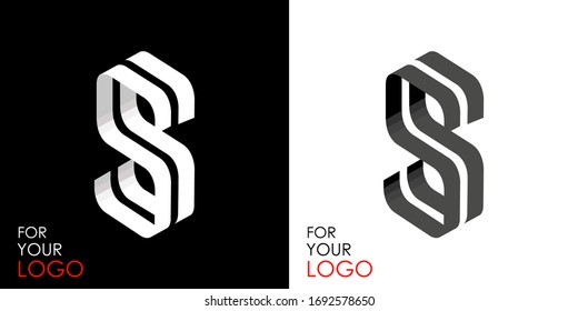 Isometric letter S. From stripes, lines. Template for creating logos, emblems, monograms. Black and white options. 3D art symbol. Vector illustration