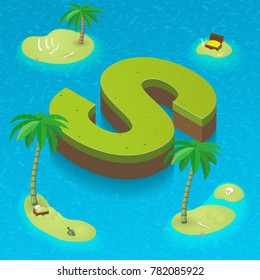 Isometric letter S, surrounded by tropical islands with pirates attributes. Vector illustration with S as part of isometric 3D font. Sea, beach, palms and pirates stuff: skull, treasure and rum
