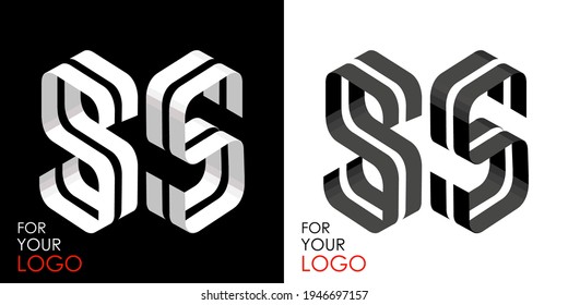 Isometric letter S in two perspectives. From stripes, lines. Template for creating logos, emblems, monograms. Black and white options. 3D art symbol. Vector illustration. Other letters in my portfolio