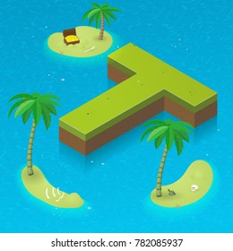 Isometric letter T, surrounded by tropical islands with pirates attributes. Vector illustration with T as part of isometric 3D font. Sea, beach, palms and pirates stuff: skull, treasure and rum

