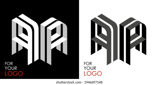 Isometric letter A in two perspectives. From stripes, lines. Template for creating logos, emblems, monograms. Black and white options. 3D art symbol. Vector illustration. Other letters in my portfolio