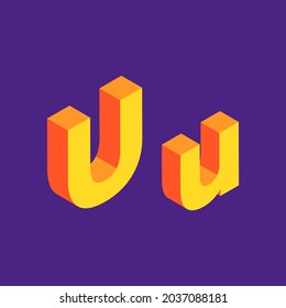 Isometric Letter U. Orange letter with violet background.