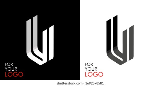 Isometric letter U. From stripes, lines. Template for creating logos, emblems, monograms. Black and white options. 3D art symbol. Vector illustration