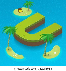 Isometric letter U, surrounded by tropical islands with pirates attributes. Vector illustration with U as part of isometric 3D font. Sea, beach, palms and pirates stuff: skull, treasure and rum
