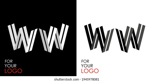 Isometric letter W in two perspectives. From stripes, lines. Template for creating logos, emblems, monograms. Black and white options. 3D art symbol. Vector illustration. Other letters in my portfolio