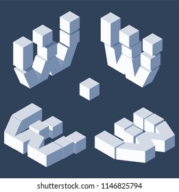 Isometric letter W in varions foreshortening. Made with 3d blocks and cubes