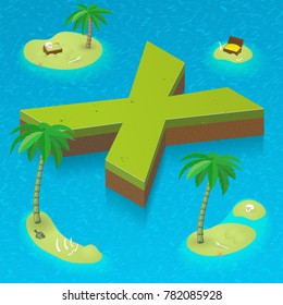 Isometric letter x as an island in the Caribbean Sea. Vector illustration with 3D letter x as part of isometric 3D font. Sea, beach, palms and pirates's island attributes.
