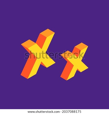 Isometric Letter X. Orange letter with violet background.