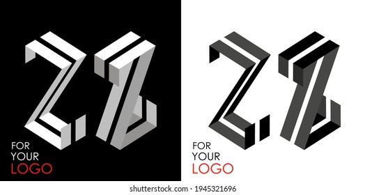 Isometric letter Z in two perspectives. From stripes, lines. Template for creating logos, emblems, monograms. Black and white options. 3D art symbol. Vector illustration. Other letters in my portfolio