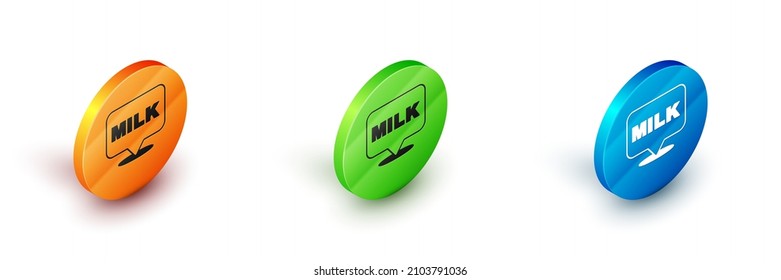 Isometric Lettering milk icon isolated on white background. Hand written design for label, brand, badge. Circle button. Vector