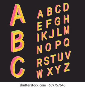 Isometric letters. Colored isometric 3d font. Memphis style letters. Three-dimensional alphabet. Low poly 3d characters. Vector illustration.