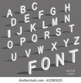 Isometric letters with falling shadow. White isometric 3d font, Three-dimensional alphabet.  Low poly 3d characters. Vector illustration.