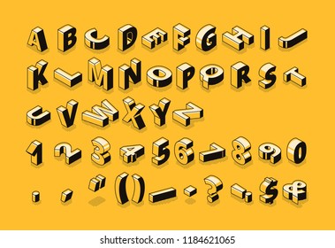 Isometric letters halftone font vector illustration of thin line cartoon abstract alphabet typography, numbers and symbols or signs in geometric shape 3D style on yellow background