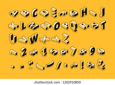 Isometric letters halftone font vector illustration of thin line cartoon abstract alphabet typography, numbers and symbols or signs in geometric shape 3D style on yellow background