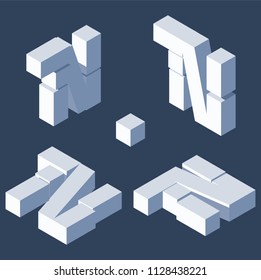 Isometric letters N in varions views. Made with 3d blocks and cubes.