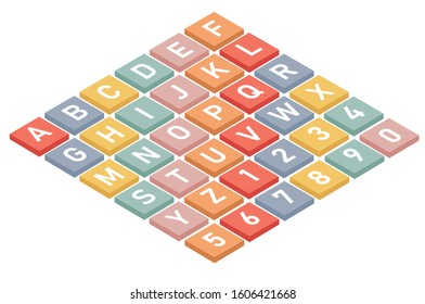 Isometric letters and numbers 3d icons, multicolored buttons alphabet