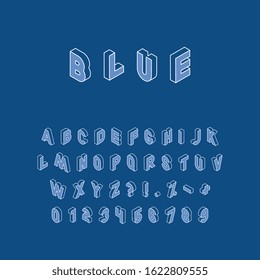 isometric letters, numbers and signs in different directions with white thin line contour on classic blue background. vintage vector alphabet in trendy colors easy to edit and customize. eps 10