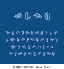 isometric letters, numbers and signs in different directions with white thin line contour on trendy classic blue background. vintage vector alphabet in trendy colors easy to edit and customize. eps 10