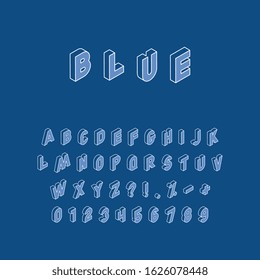 isometric letters, numbers and signs with white thin line contour on classic blue background. vintage vector alphabet in trendy colors easy to edit and customize. eps 10