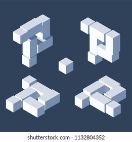 Isometric letters P in varions views. Made with 3d blocks and cubes.