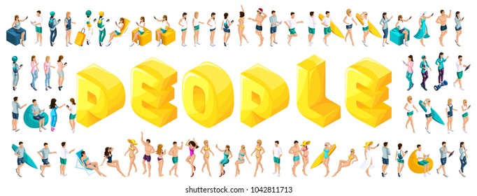 Isometric letters of people, a large set of teenagers in summer clothes and bathing suits, a girl of a man for any choice