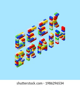 Isometric letters from plastic colored blocks on a blue background in the phrase -geek brain. Vector illustration.