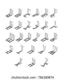 Isometric letters sequence from A to Z. English font, drawn with shadows, isolated on white background