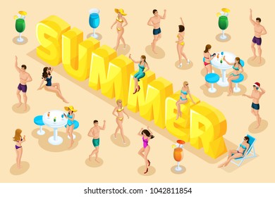 Isometric letters summer, font, people, characters, relax in the resort, vacation, trip to the sea, beach, tan, girls in swimsuits. Bright summer concept