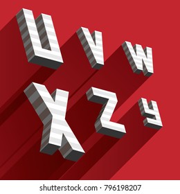 Isometric letters U V W X Y Z drawn with stripes and fallen shadows on red background. Grey letters, good for lettering and writing qoutes
