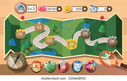 Isometric levels game composition with compass and magnifier on the map vector illustration.Background for gui interface of game with cartoon illustration of nature and completed stages with stars.