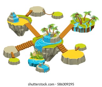 Isometric levels game islands composition with check points. vector illustration
