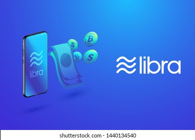 Isometric of libra digital currency, bitcoin and money with smartphone, Libra transactions and cryptocurrency technology concept. 