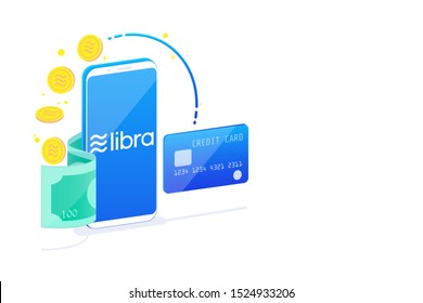 Isometric of libra digital currency on white background, bitcoin and money with smartphone, Libra transactions and cryptocurrency technology concept. 