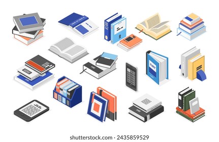 Isometric library books. Digital and paper book, reading and learning elements. Education, literature and training. Bookstore or school flawless vector set