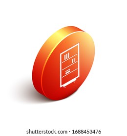 Isometric Library bookshelf icon isolated on white background. Orange circle button. Vector Illustration