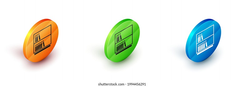 Icono de estantería de biblioteca isométrica aislado en fondo blanco. Botón Círculo. Vector