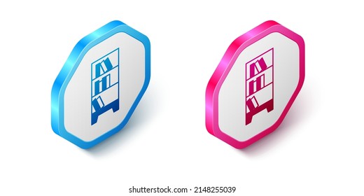 Icono de estantería de biblioteca isométrica aislado en fondo blanco. Botón hexagonal. Vector