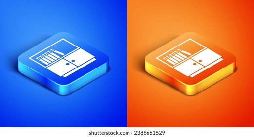 Isometric Library bookshelf icon isolated on blue and orange background. Square button. Vector