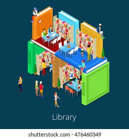 Isometric Library Building From Books With People. Educational Concept. Vector Illustration