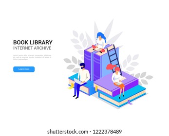 Isometric library concept. Web archive and  e-learning tutorials for social media banner. Online education and internet studying. Digital book 3d vector illustration