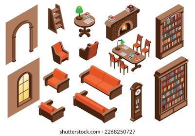 Isometric library interior icons set with bookshelves and furniture items isolated vector illustration