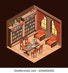 Isometric library interior with luxury furniture and bookshelves vector illustration