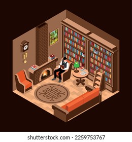 Isometric library interior with man reading book near fireplace vector illustration