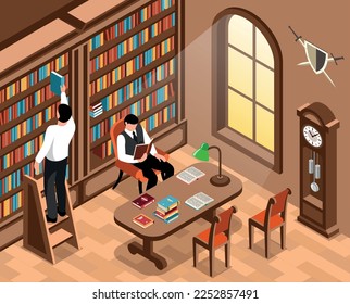 Isometric library interior with man taking book from boorshelf vector illustration