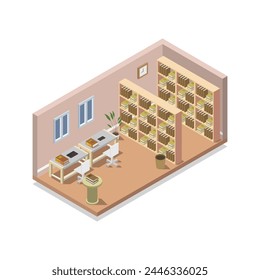Sala de Biblioteca isométrica ilustrada en Vector