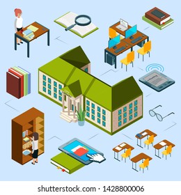 Isometric library vector concept. 3D public library building, computer area, e-reading books, librarians, bookshelf. Library building, textbook 3d and e-book illustration