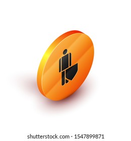 Isometric Life insurance with shield icon isolated on white background. Security, safety, protection, protect concept. Orange circle button. Vector Illustration