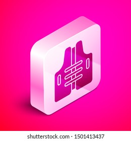 Isometric Life jacket icon isolated on pink background. Life vest icon. Extreme sport. Sport equipment. Silver square button. Vector Illustration